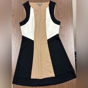 Roz & Ali Colorblock Fitted Dress in Tan, Black and White